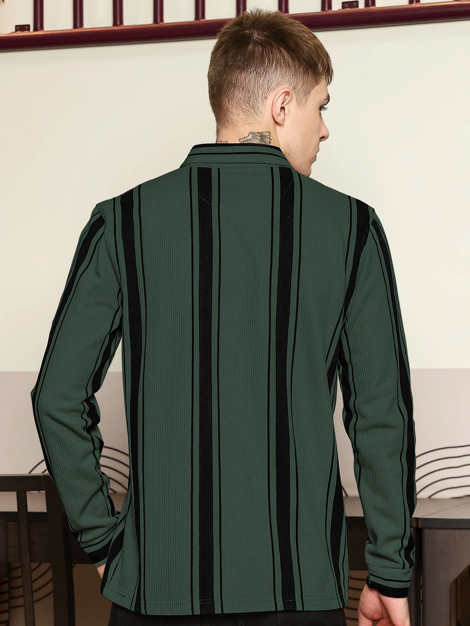 Cord Stripe Bottle Green Full Sleeve Polo T Shirt