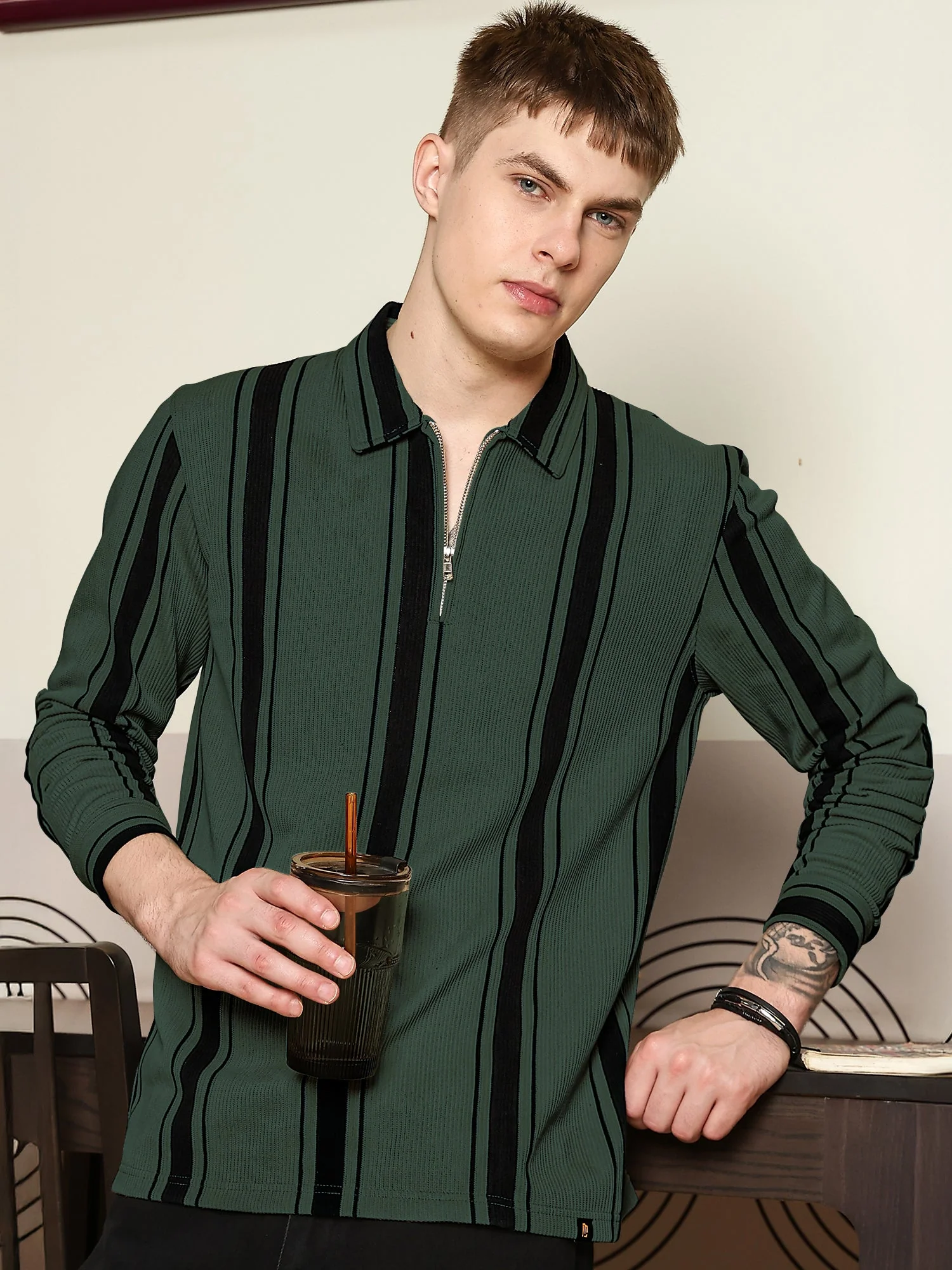 Cord Stripe Bottle Green Full Sleeve Polo T Shirt