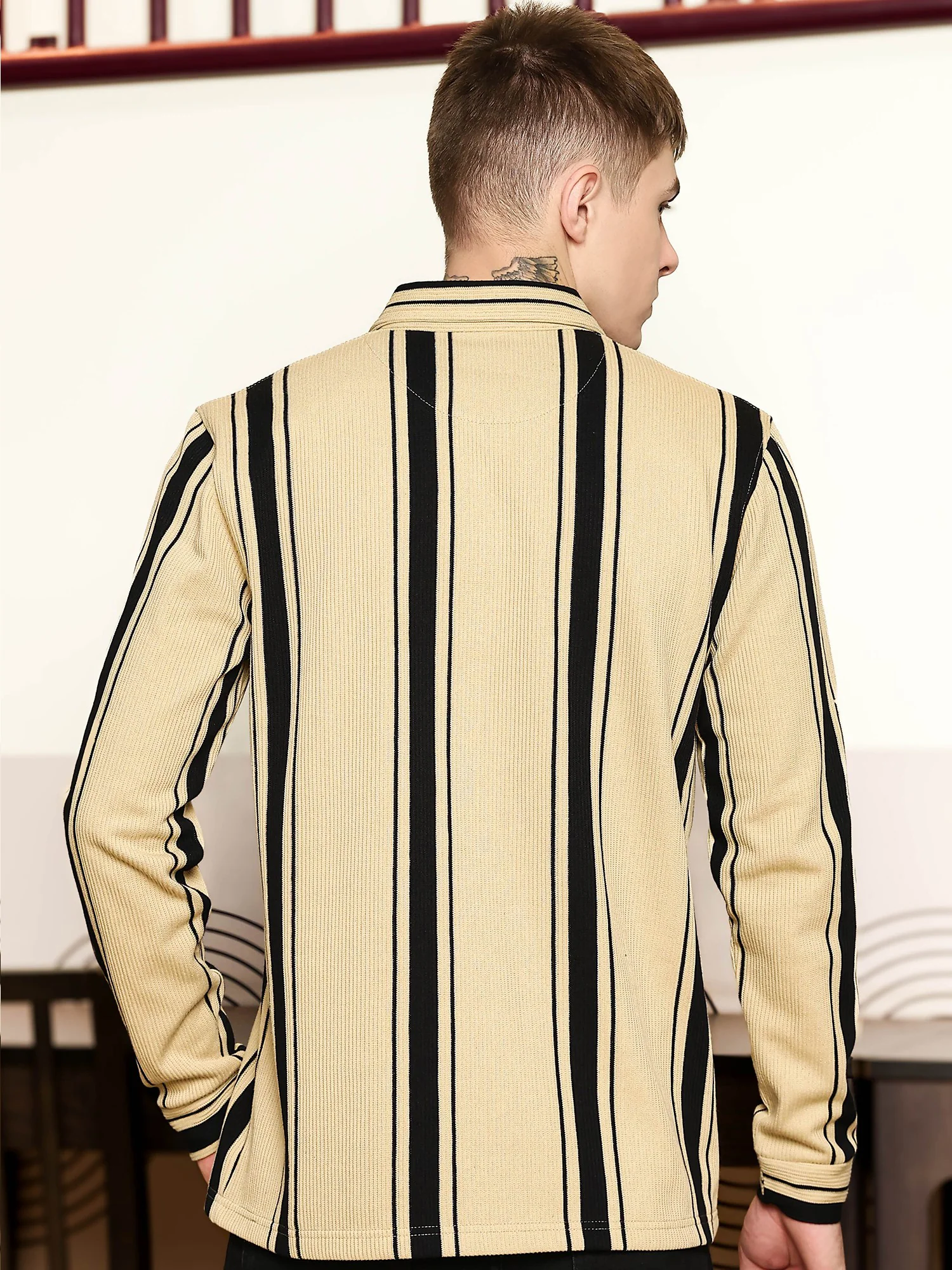 Cord Stripe Bottle Green Full Sleeve Polo T Shirt