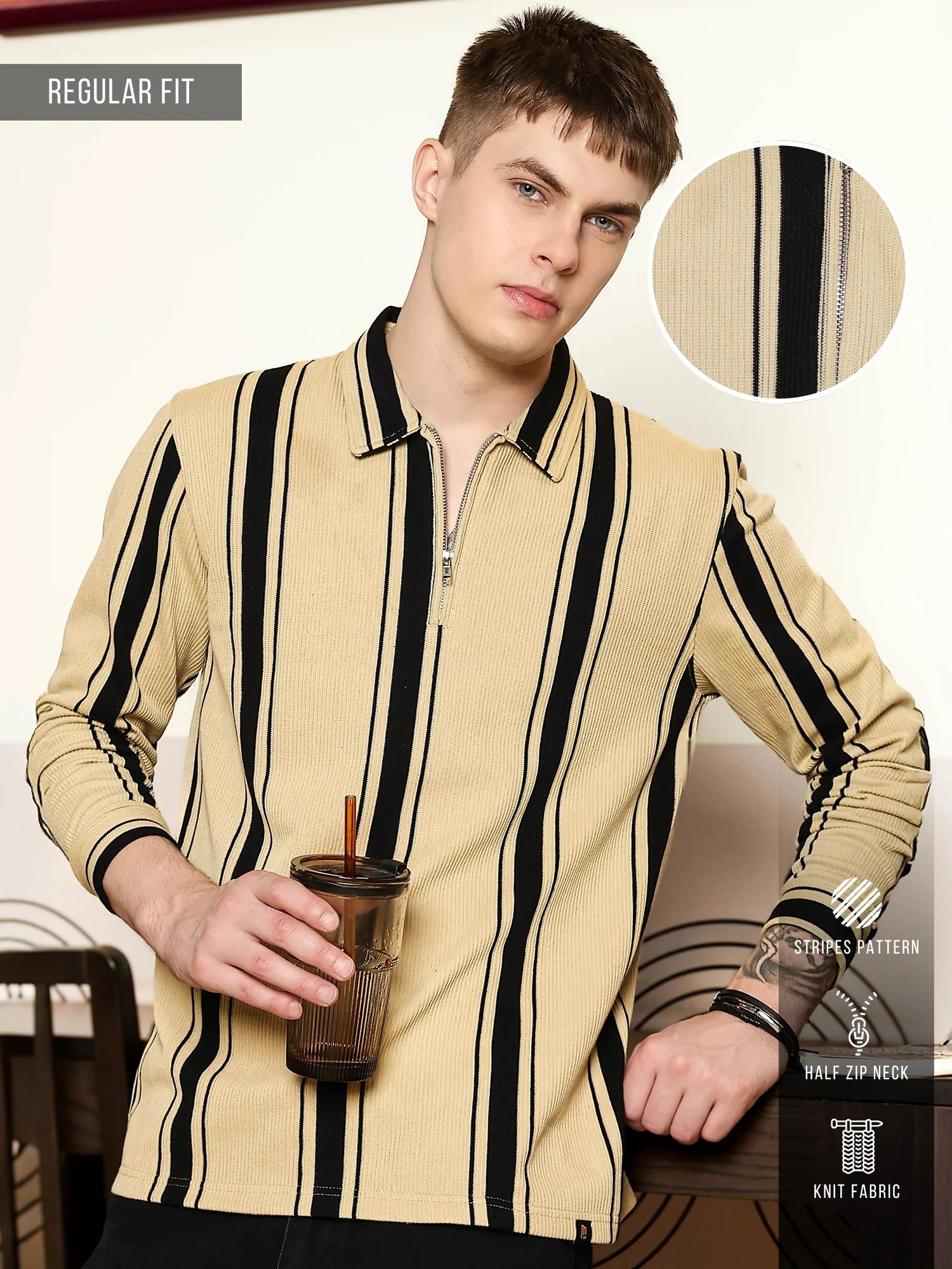 Cord Stripe Bottle Green Full Sleeve Polo T Shirt