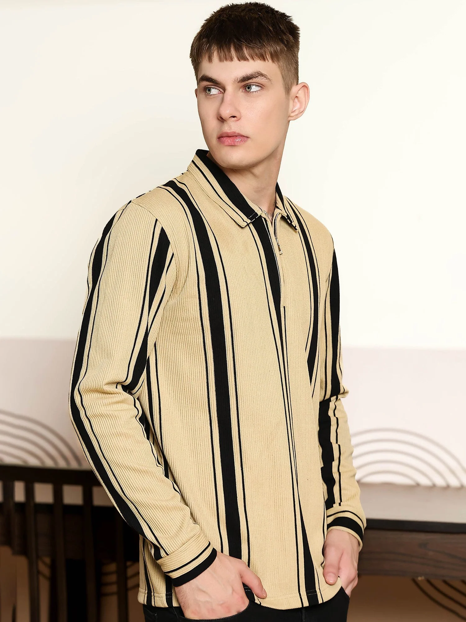 Cord Stripe Bottle Green Full Sleeve Polo T Shirt