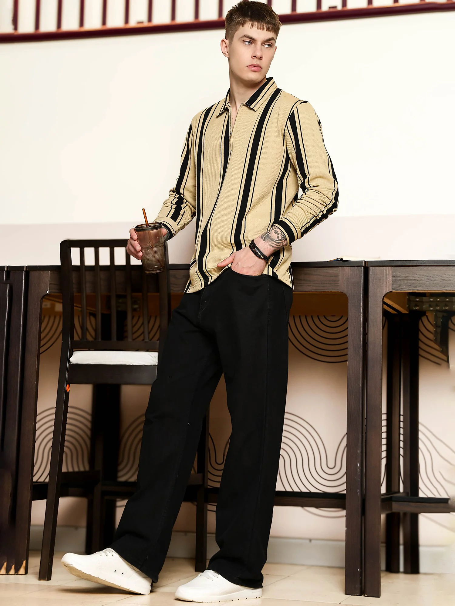 Cord Stripe Bottle Green Full Sleeve Polo T Shirt