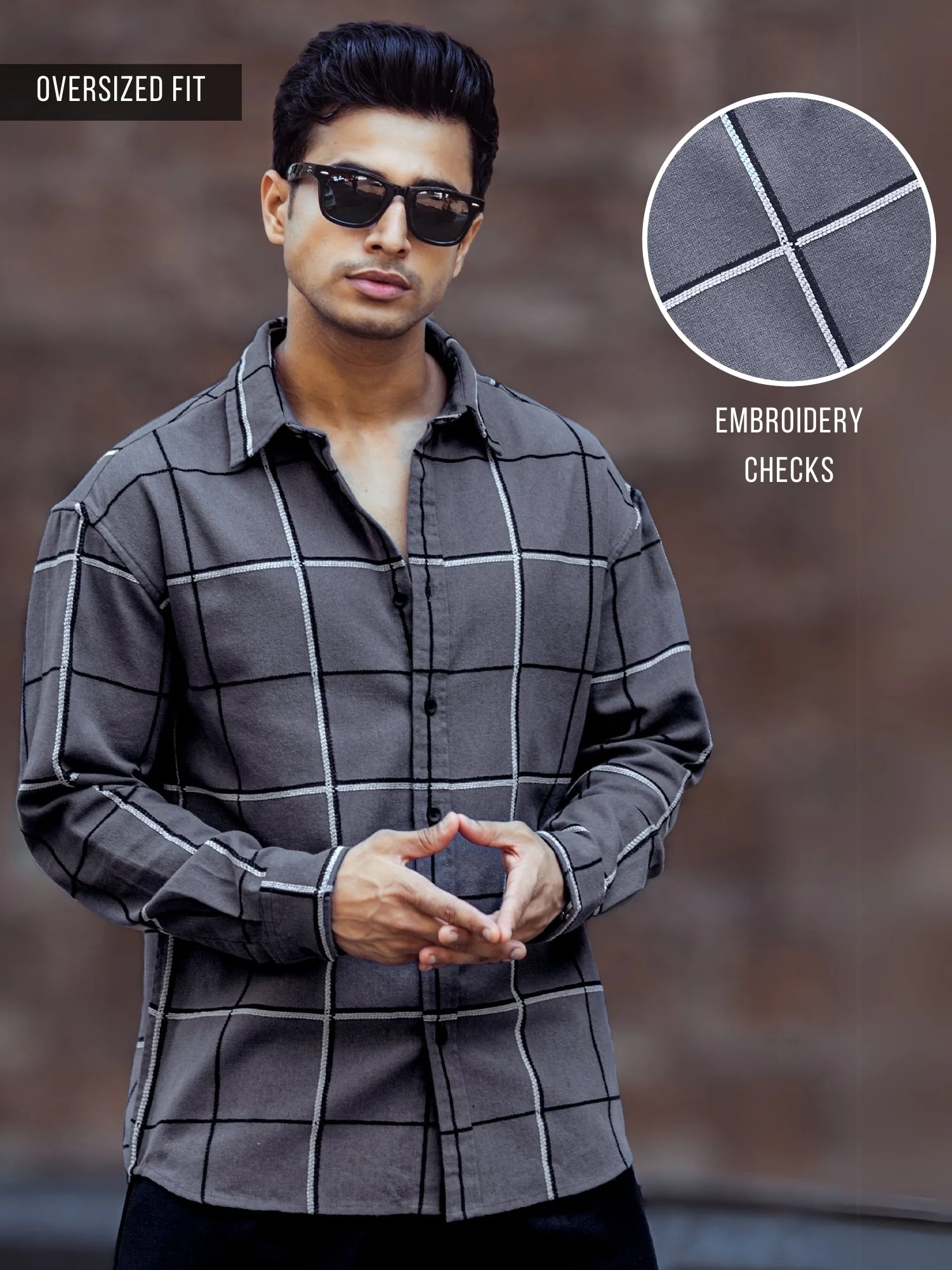 Embroidery Checks Brown Full Sleeve Shirt