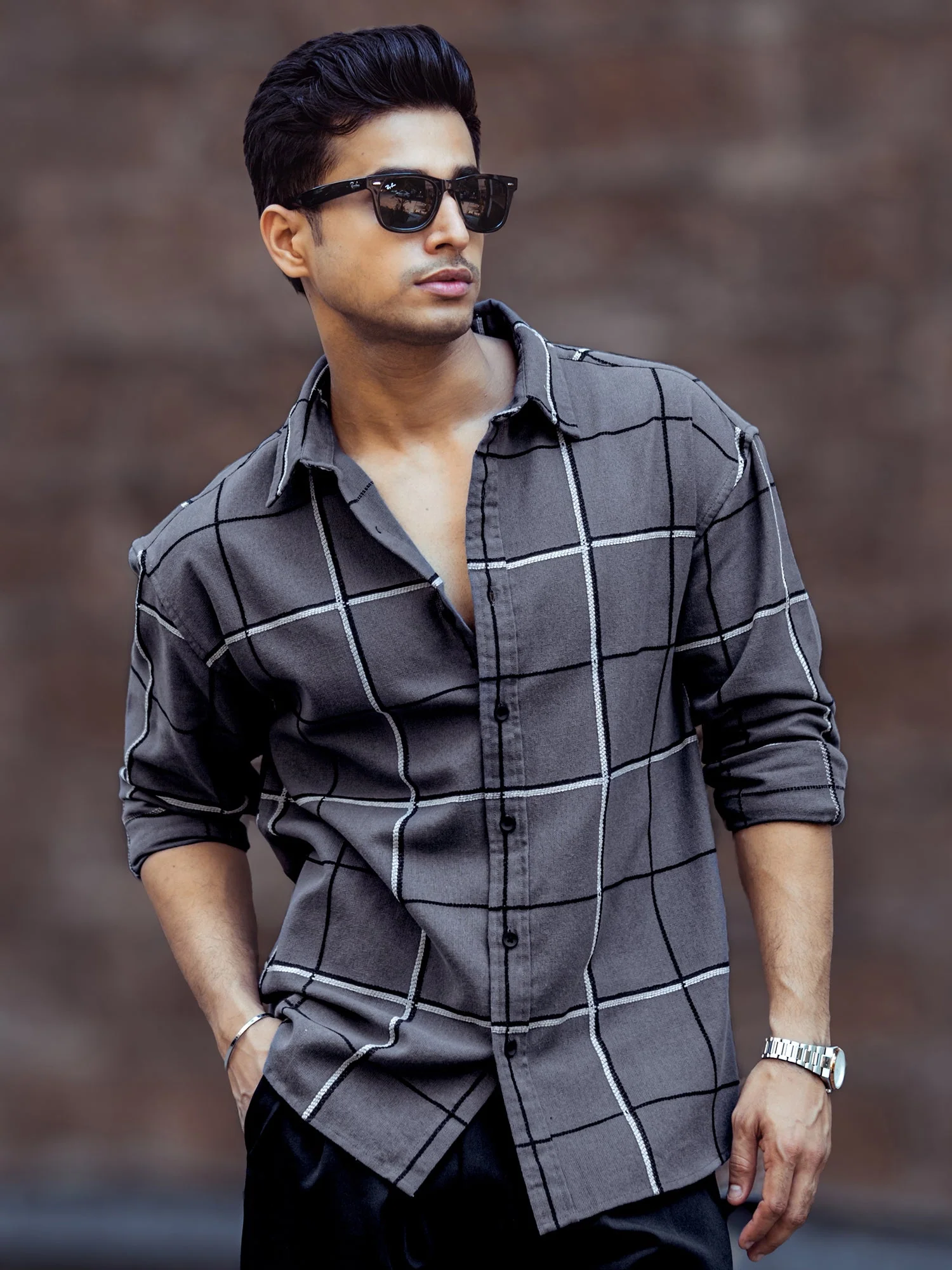 Embroidery Checks Brown Full Sleeve Shirt