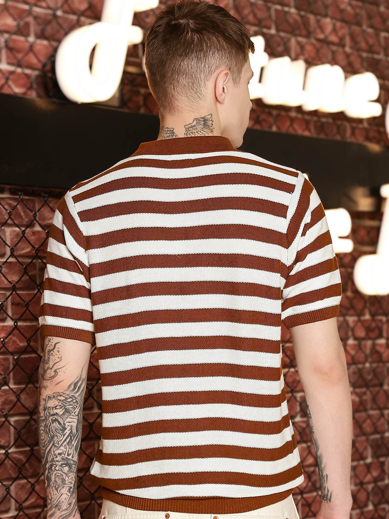 Retro Stripe Brown Flatknit Half Sleeve Polo T Shirt