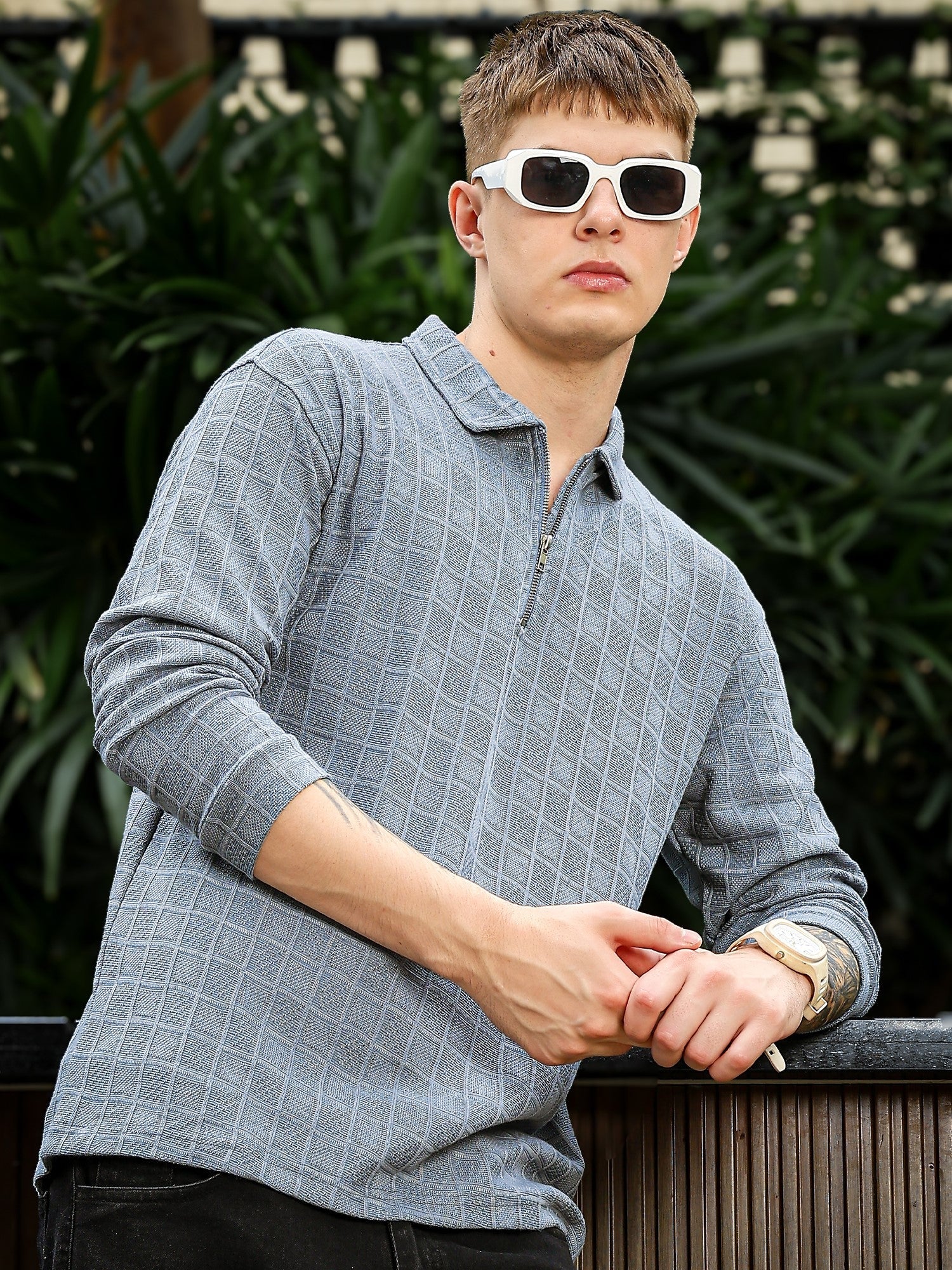 Street Blocks Light Grey Full Sleeve Polo T Shirt