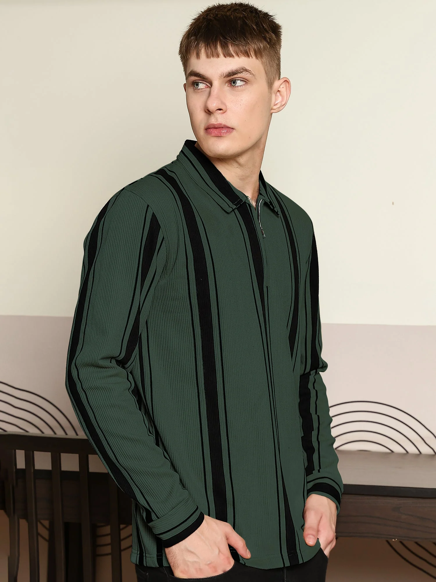 Cord Stripe Bottle Green Full Sleeve Polo T Shirt
