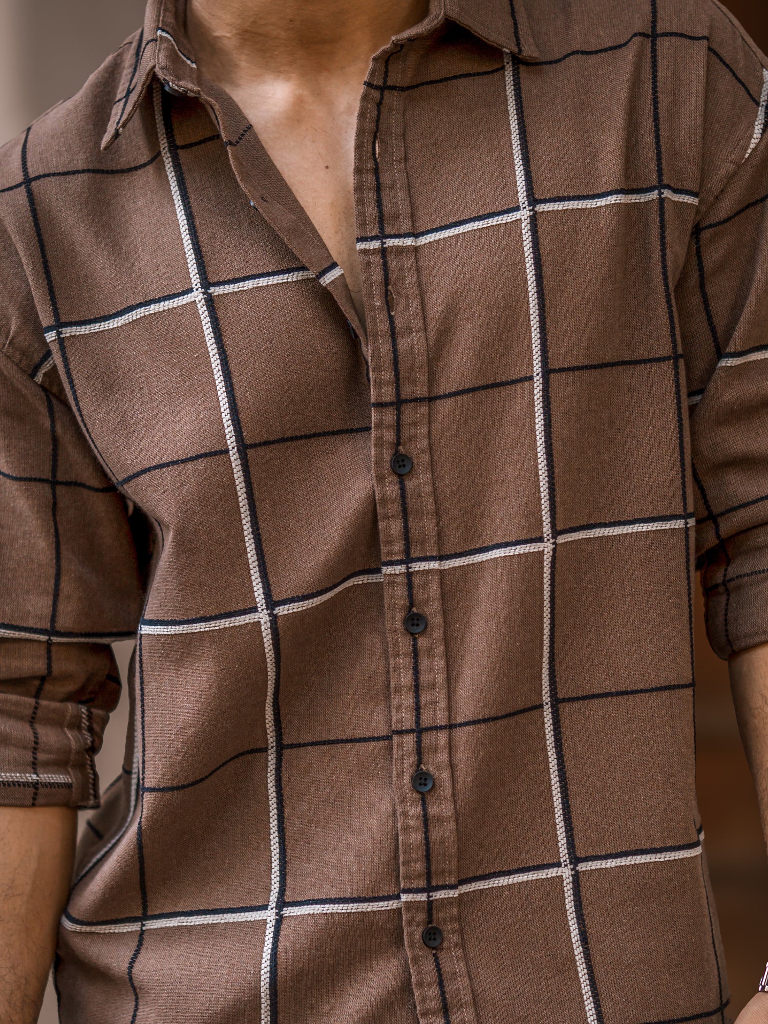 Embroidery Checks Brown Full Sleeve Shirt