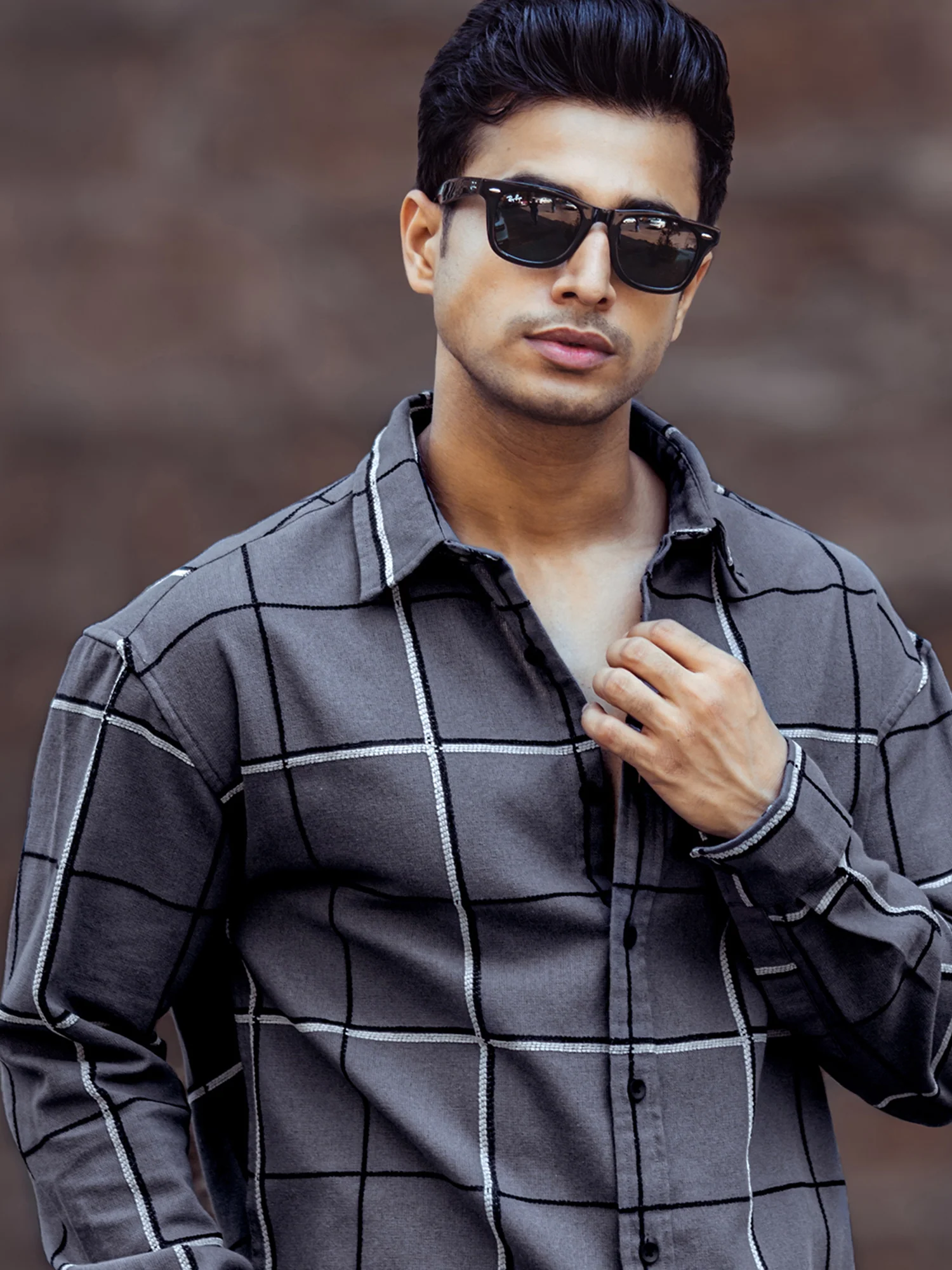 Embroidery Checks Brown Full Sleeve Shirt