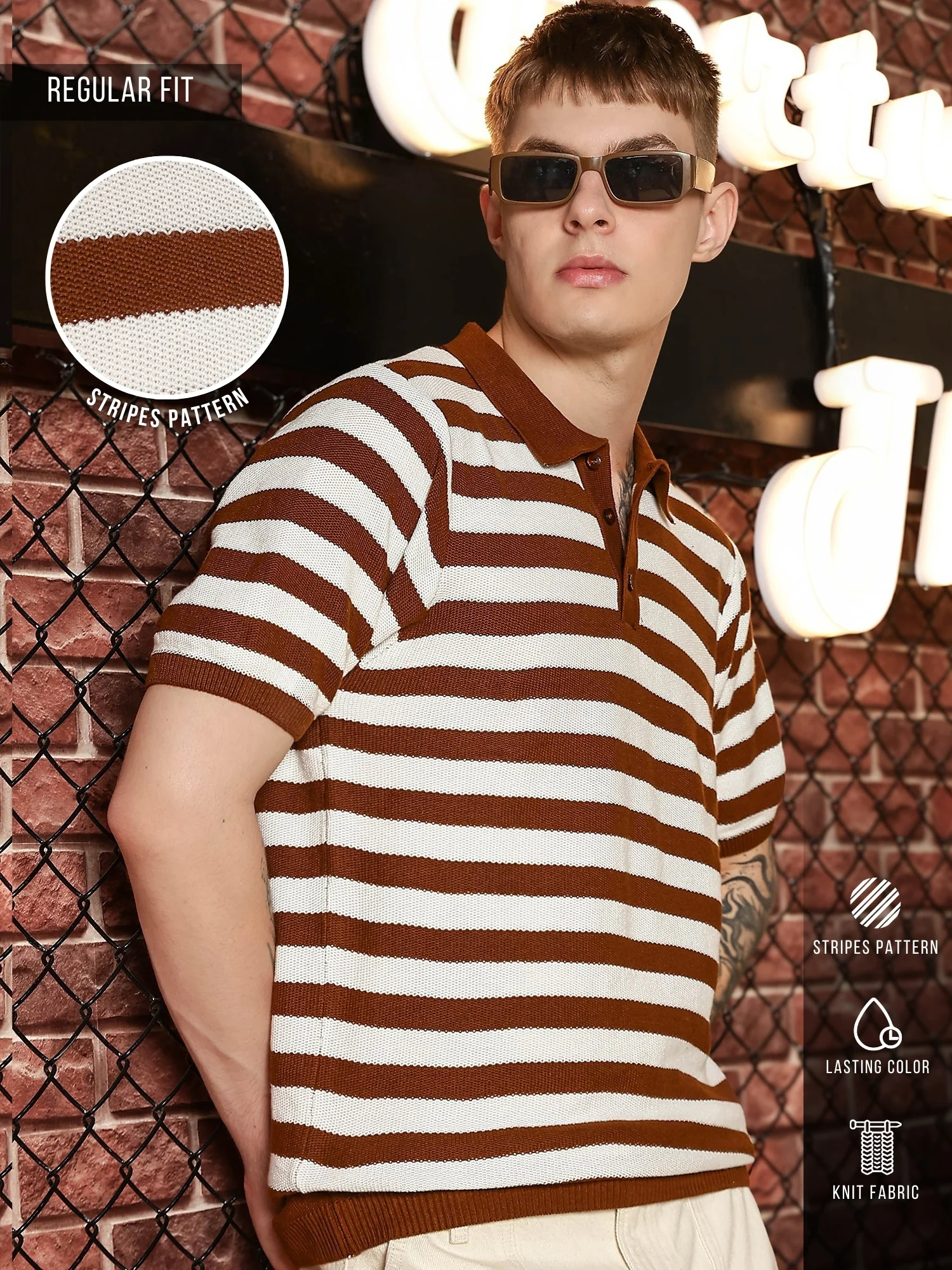 Retro Stripe Brown Flatknit Half Sleeve Polo T Shirt